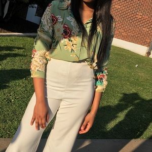 Green Floral Print Oversized Blouse